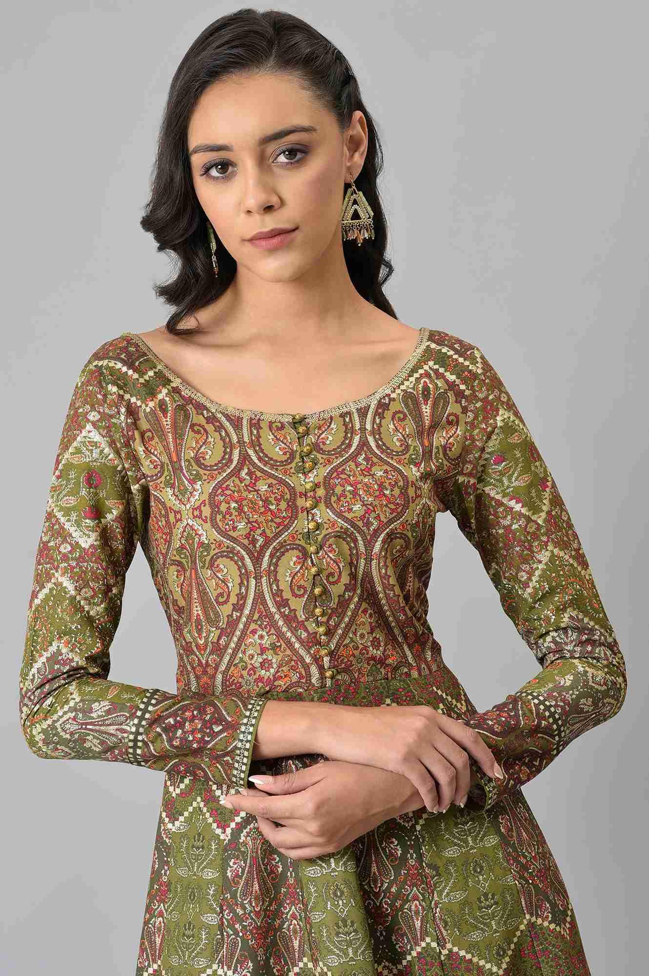 W for Woman Women's Viscose Olive Green Glitter Print Dress Ankle Length 22FEW12494-119009_Red