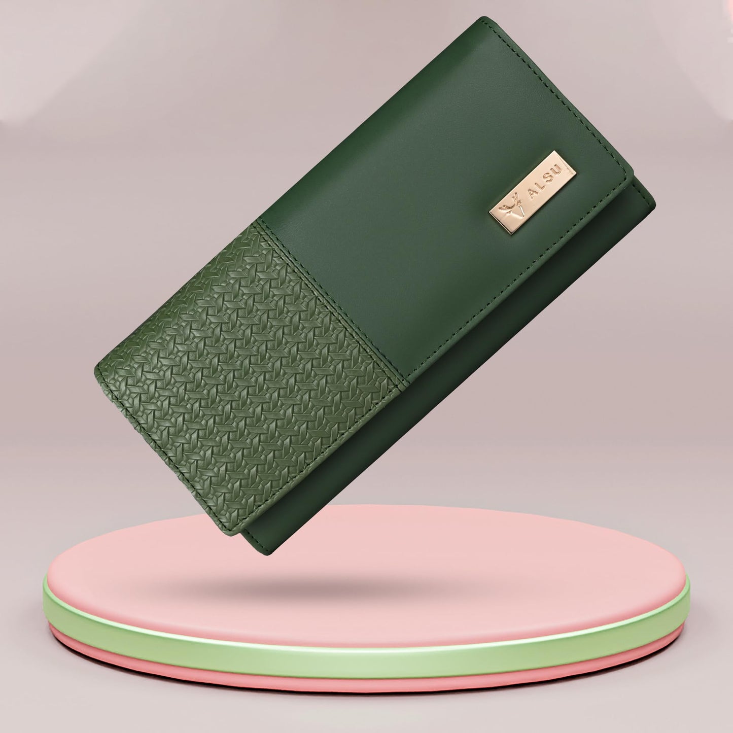 ALSU Women's Faux Leather Hand Wallet Clutch Trendy | 6 Card Slots | Phone Pocket | Zipper Pockets| Hand Purse (Green)