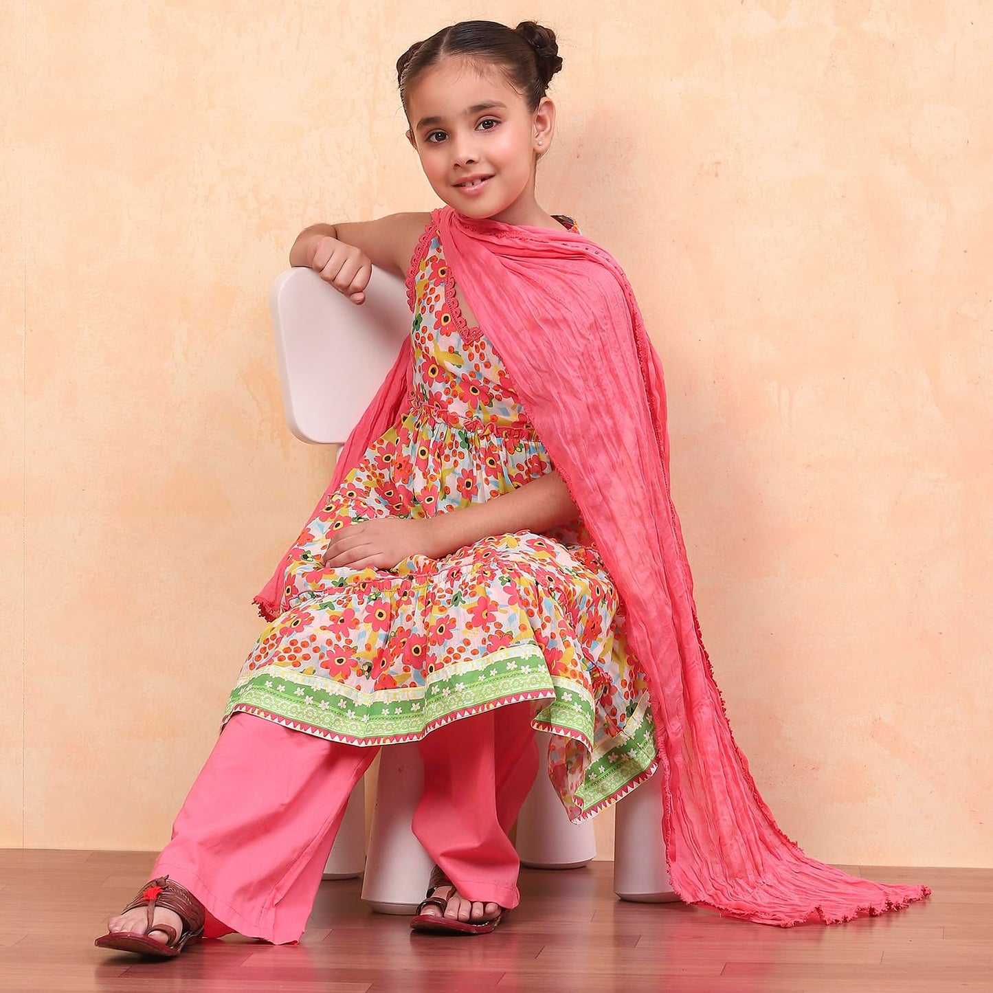 BIBA Girls Coral Tiered Cotton Printed Kurta suit set