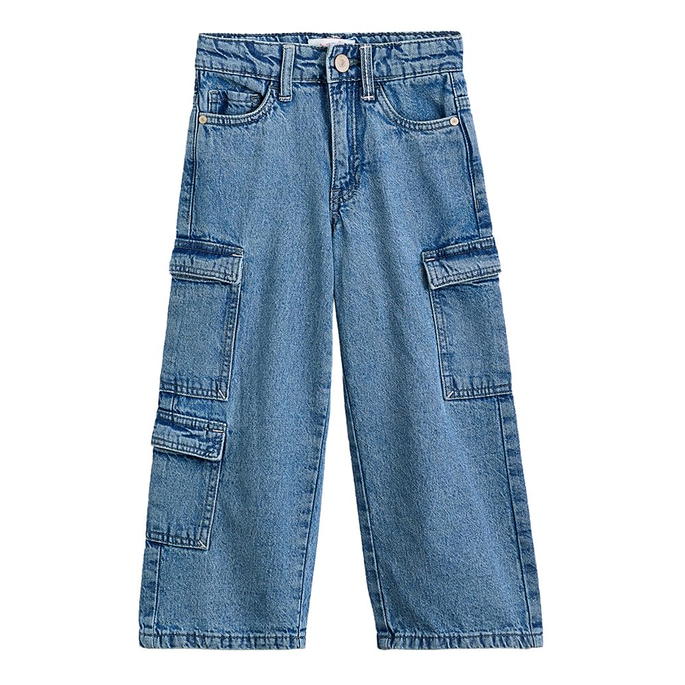 Hopscotch Girls High Rise Solid Print Denim Cargo Jeans