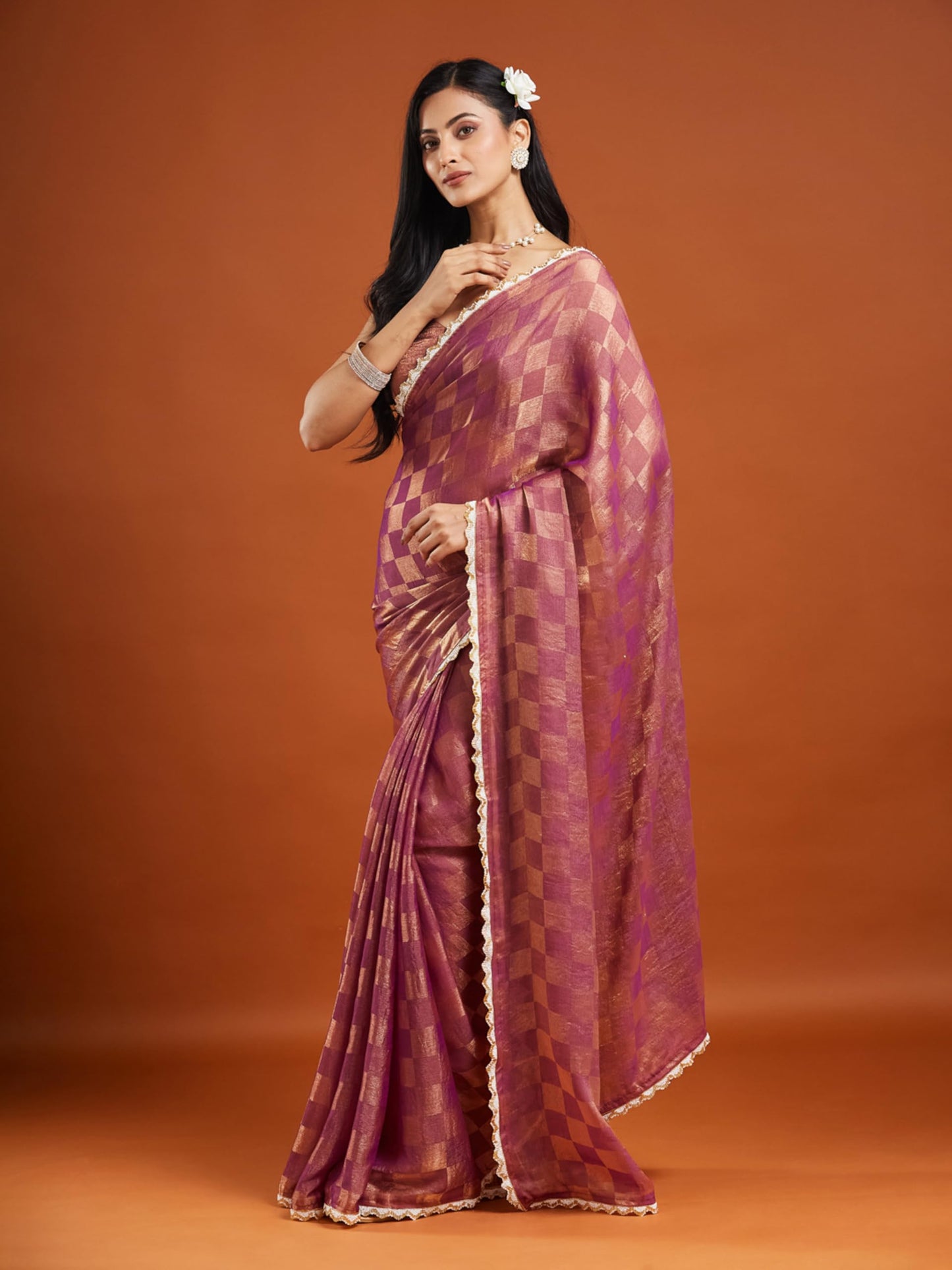 LOROFY Women's Zimmy Choo Silk Blend Saree with Sequin Embroidered Lace Border, Checked Zari Detailing & Unstitched Banglori Blouse Piece (Fandy Box 0.2-Wine_Wine_Free Size)