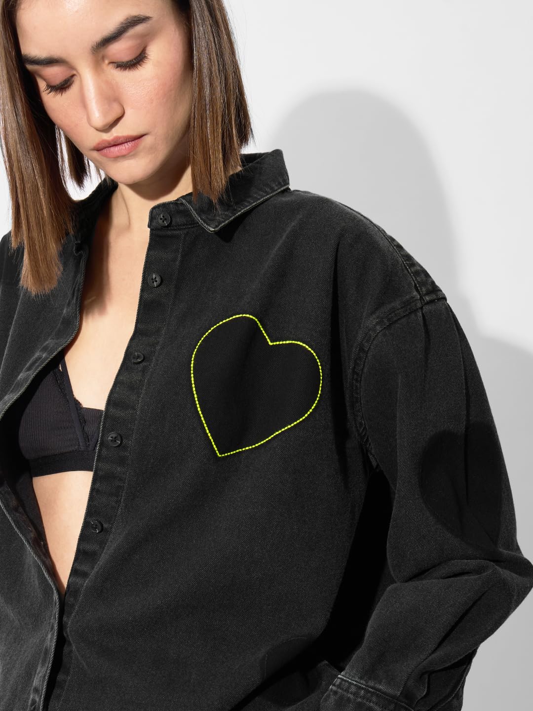 The Souled Store Originals: Little Hearts Denim Women and Girls Long Sleeve Oversized Fit Cotton Shackets