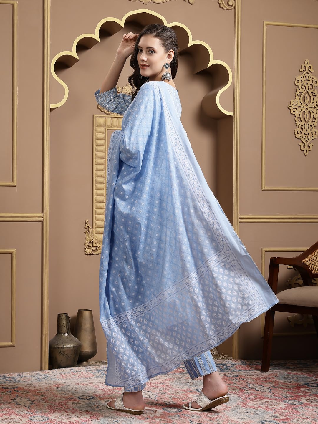 Stylum Women's Printed & Embellished Cotton Straight Kurta Pant Dupatta Set