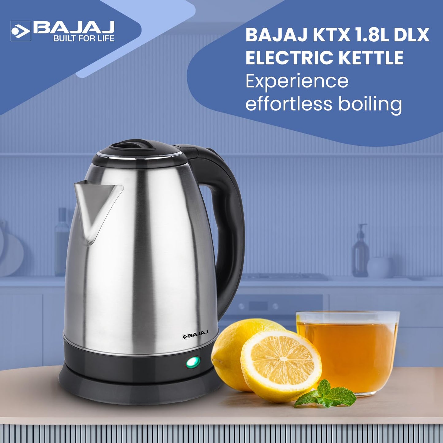 Bajaj KTX 1.8 Litre DLX Electric Kettle | 1350 Watts Kettle with Stainless Steel Body | Cordless Operation | Auto Shut-off Mechanism | 2-Yr Warranty 【Black】