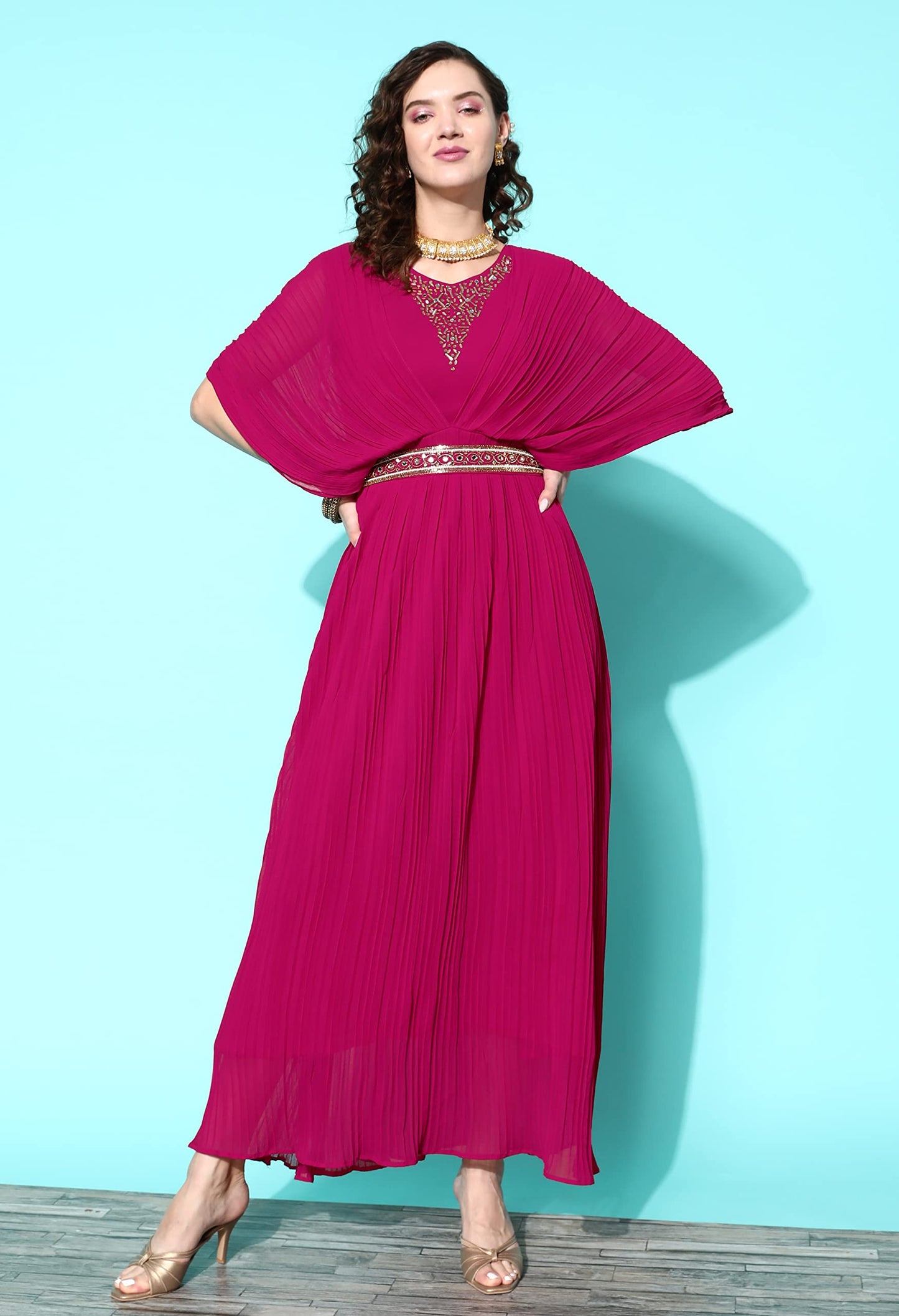 LYMI LABEL Western Gown For Women - Georgette Butterfly Sleeves Long Cinched Waist Gown Dress With Belt For Traditional, Indo Western, Ethnic Wear