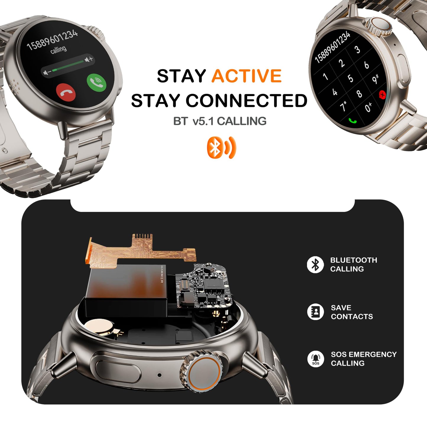 HAMMER Active 3.0 1.39" Display BT Calling Smart Watch with Metal Strap, Always On Display, Health Tracking, AI Voice Assistant (Metallic Silver)