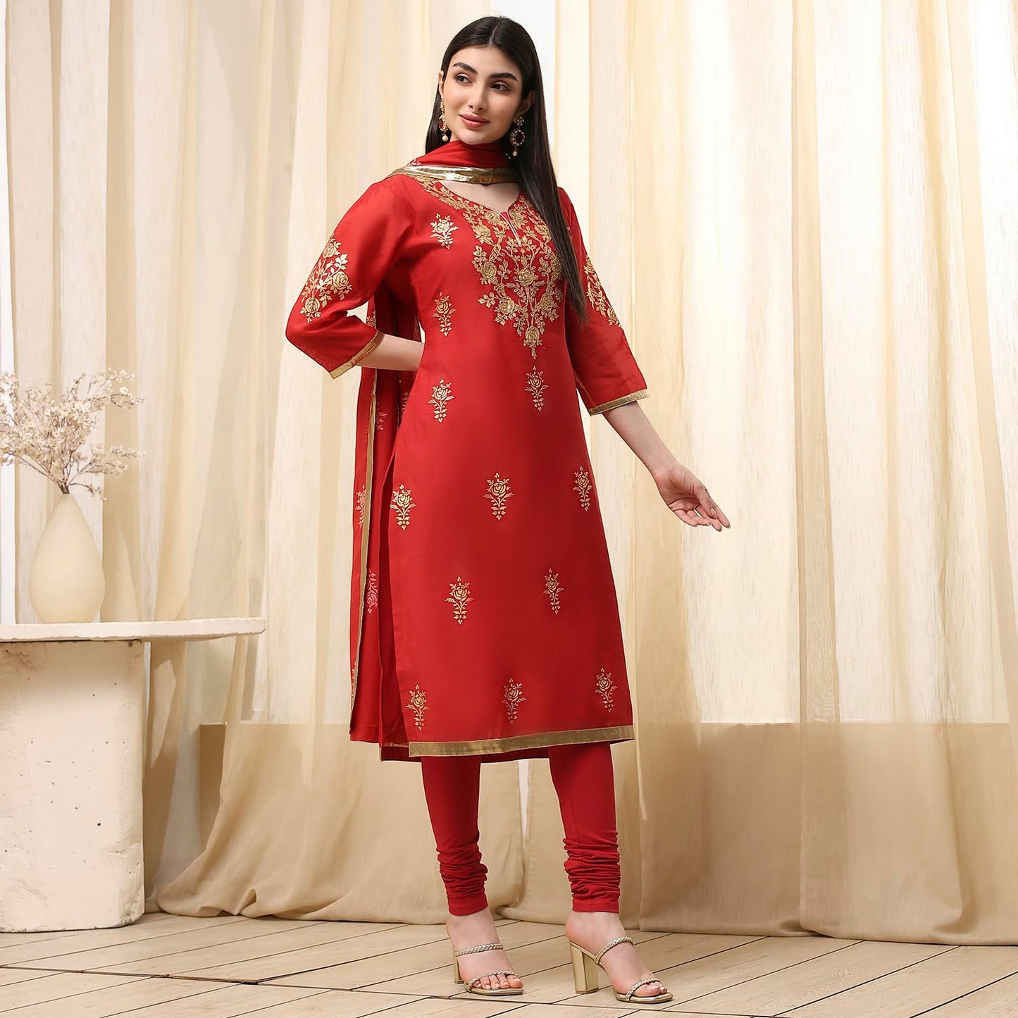 Biba Women's Poly Chanderi Kurta Set (SKDASRT7716ESS25RED_Red