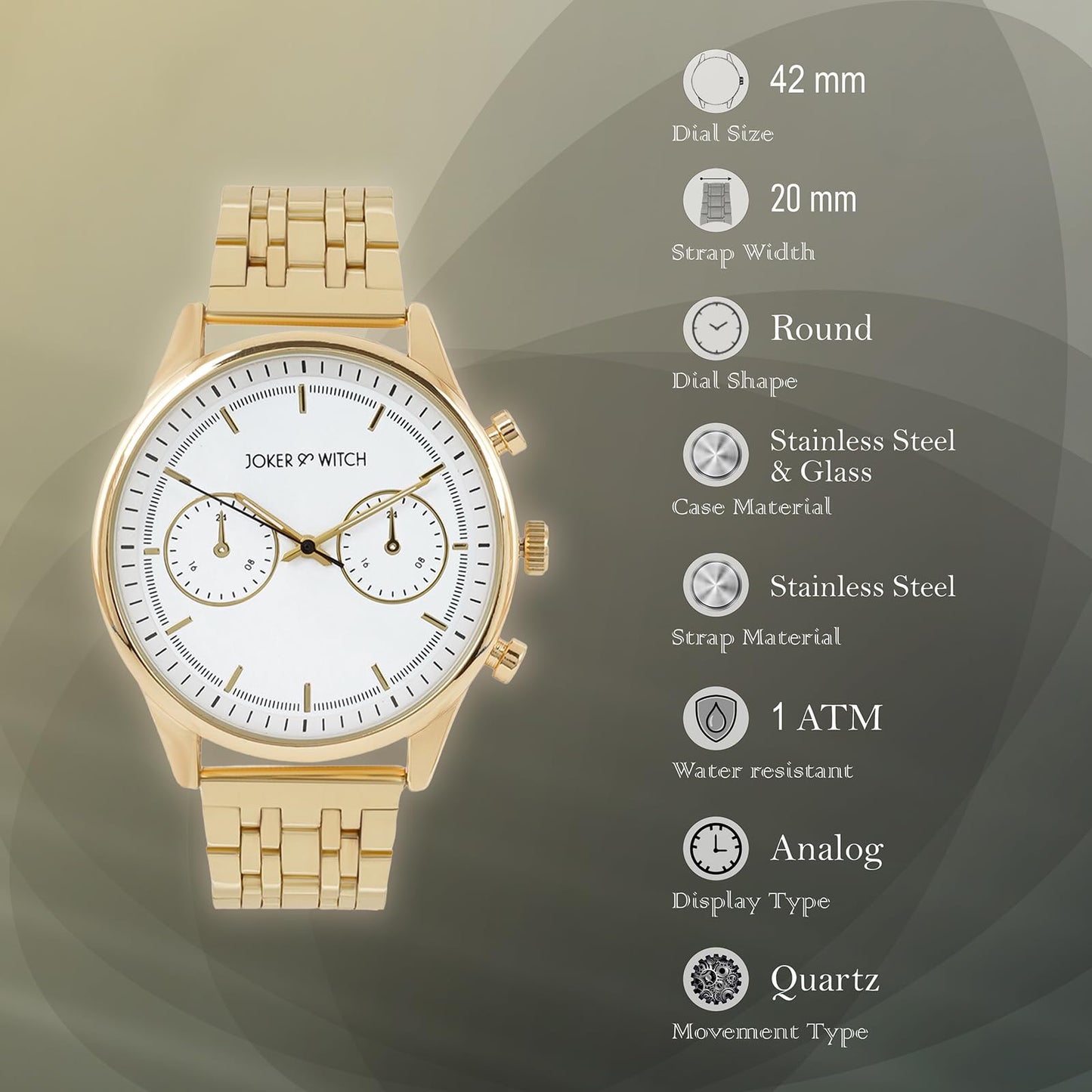 Joker & Witch Cruz 42mm White Dial 20mm Gold Stainless Steel Strap Watch for Men