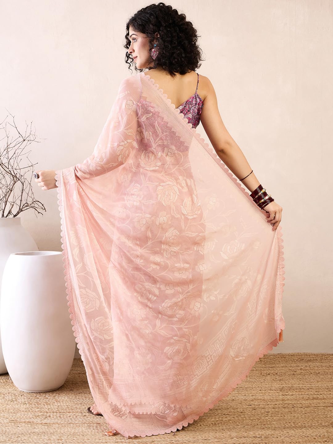 SAREE MALL Women's Beige Chiffon Floral Printed Ready To Wear one Minute Saree With Unstitched Blouse (RTWKINJAL4269_5D)