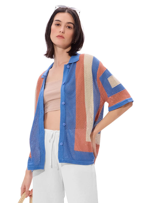 The Souled Store Carnelian Women and Girls Short Sleeves Collared Neck Button Front Open Knit Structured Boyfriend Shirts