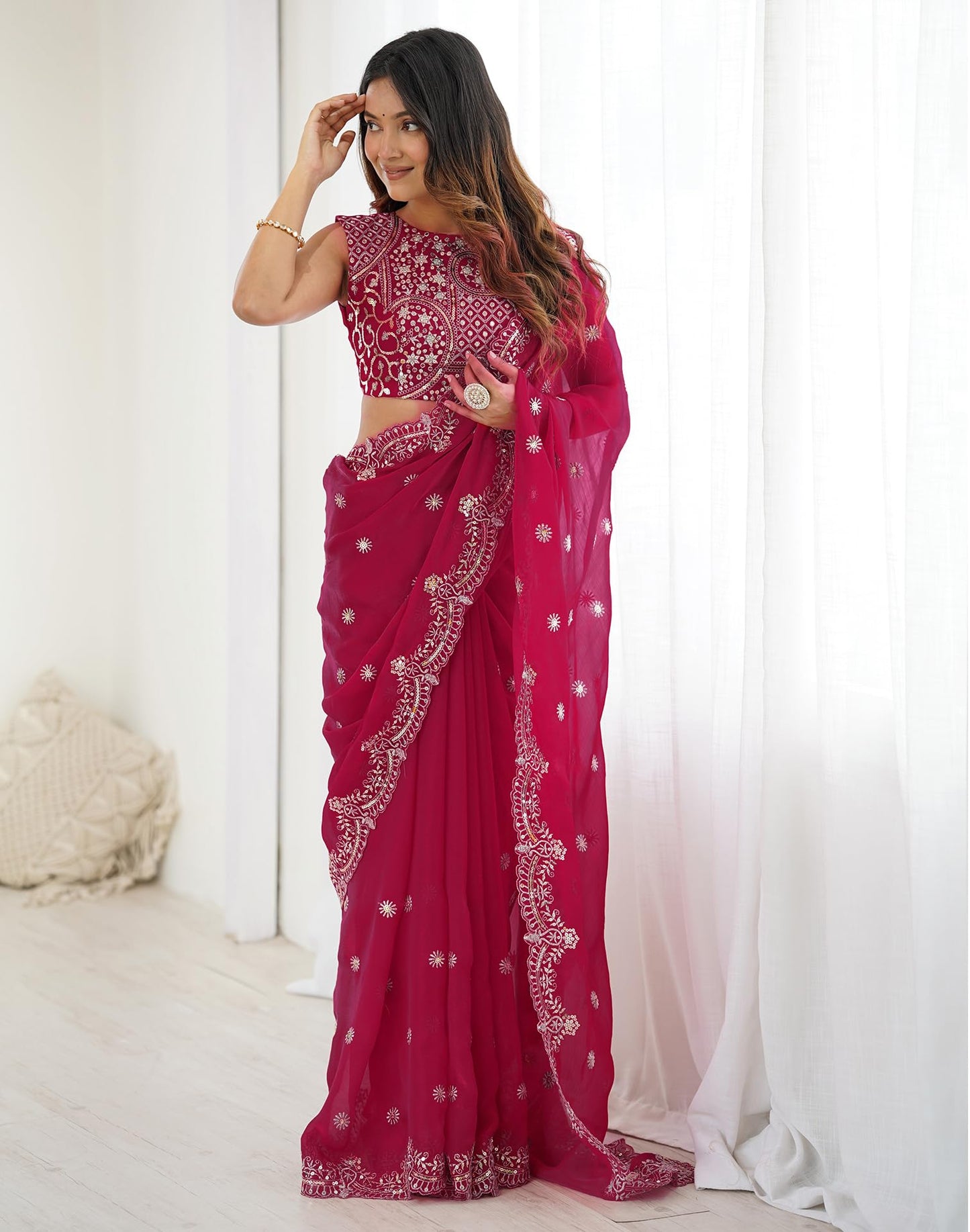SIRIL Women's Chiffon Dual Tone Sequins Embroidery Saree with Unstitched Blouse Piece (4856S153A_Rani Pink)