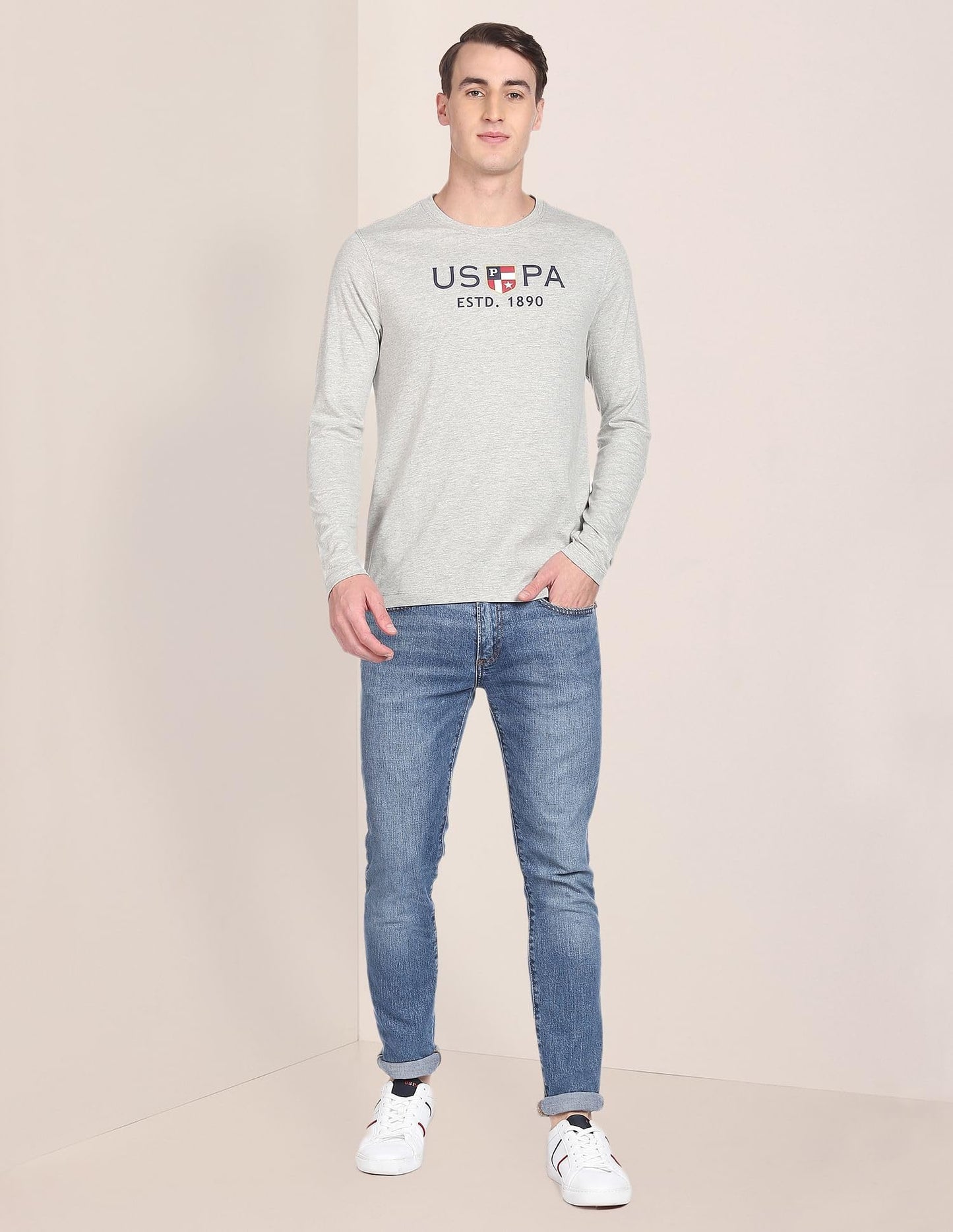 U.S. POLO ASSN. Men's Crew Neck Long Sleeve Brand Print Cotton T-Shirt (USTSHS1388_Grey_L)