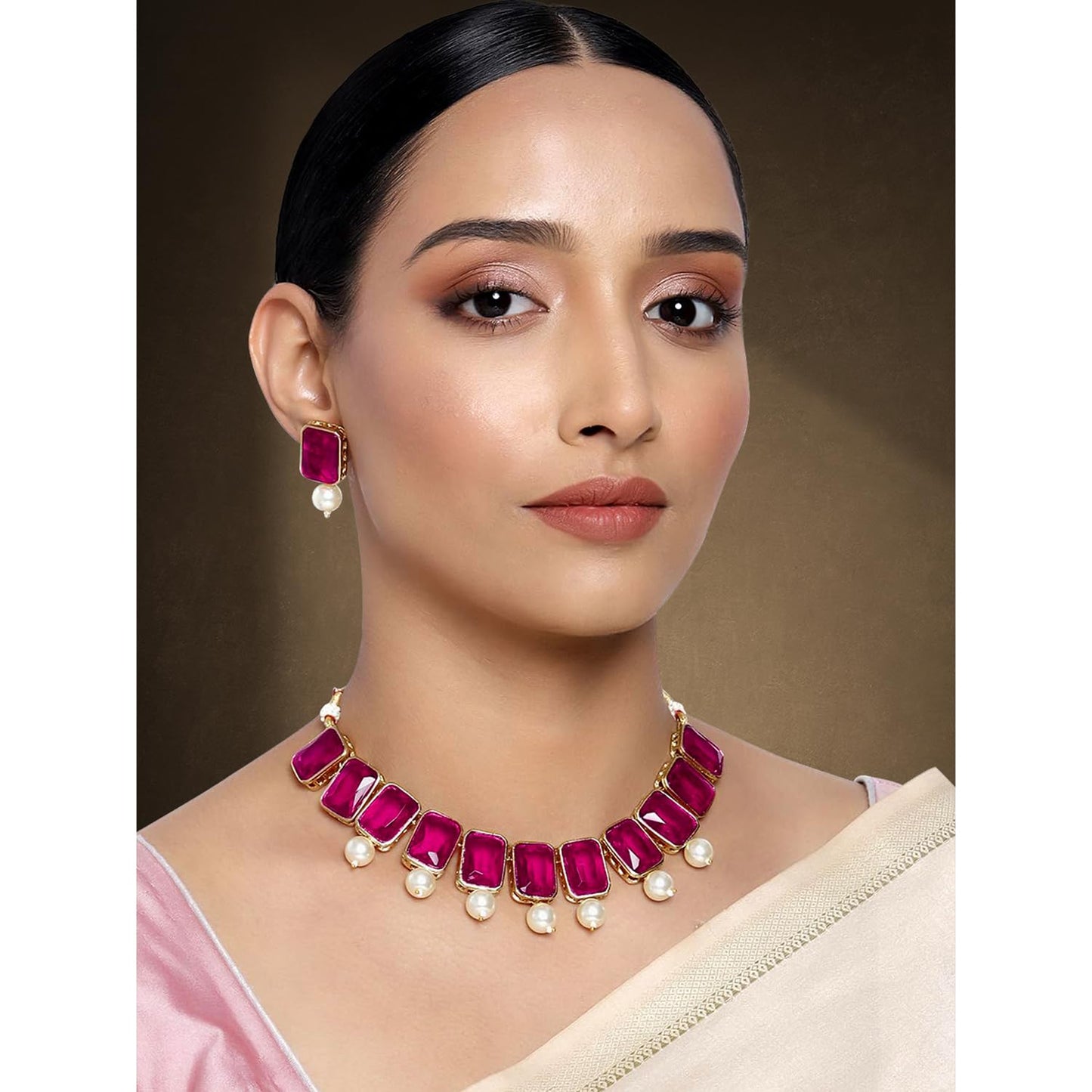 Peora Traditional Jewellery Rani Pink Crystal Pearl Necklace Earring Jewellery Set Gift for Women Girls Wedding