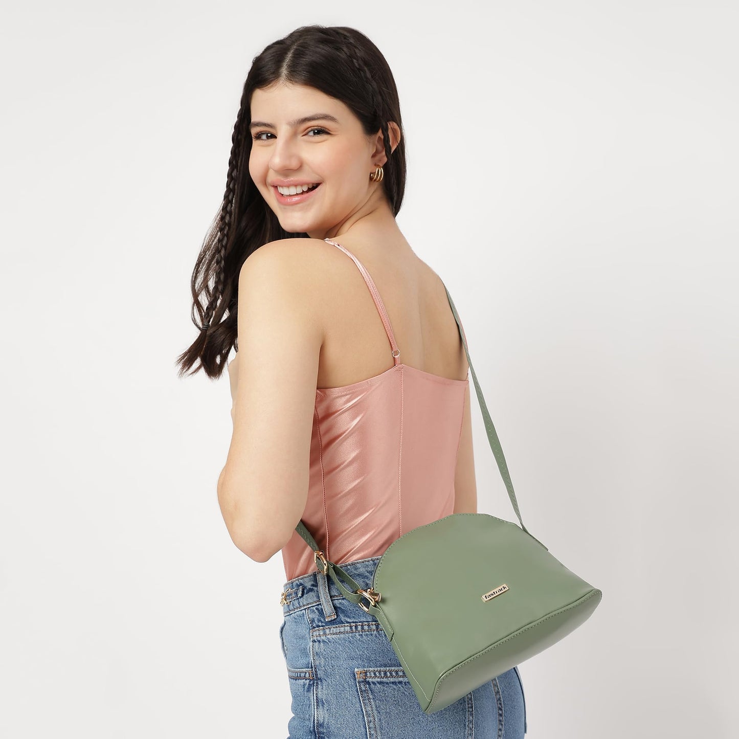 Fastrack Sling Bag | Faux Leather Sling With Adjustable Belt and Quick Access Pocket | Zip Closure and Spacious Interior | Trendy Women's Handbags, Green