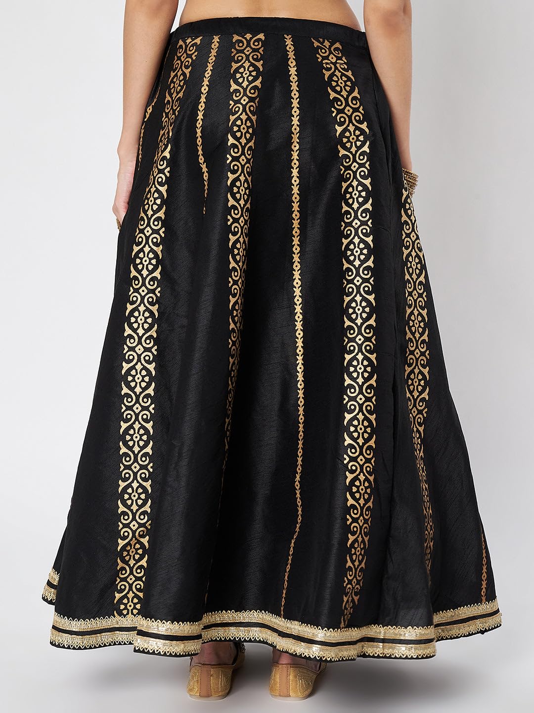 studio rasa Women's Dupion Hand Block Printed Embellished Bias Skirt for Festive Party Wedding (SKTC42505L_Black_Large)