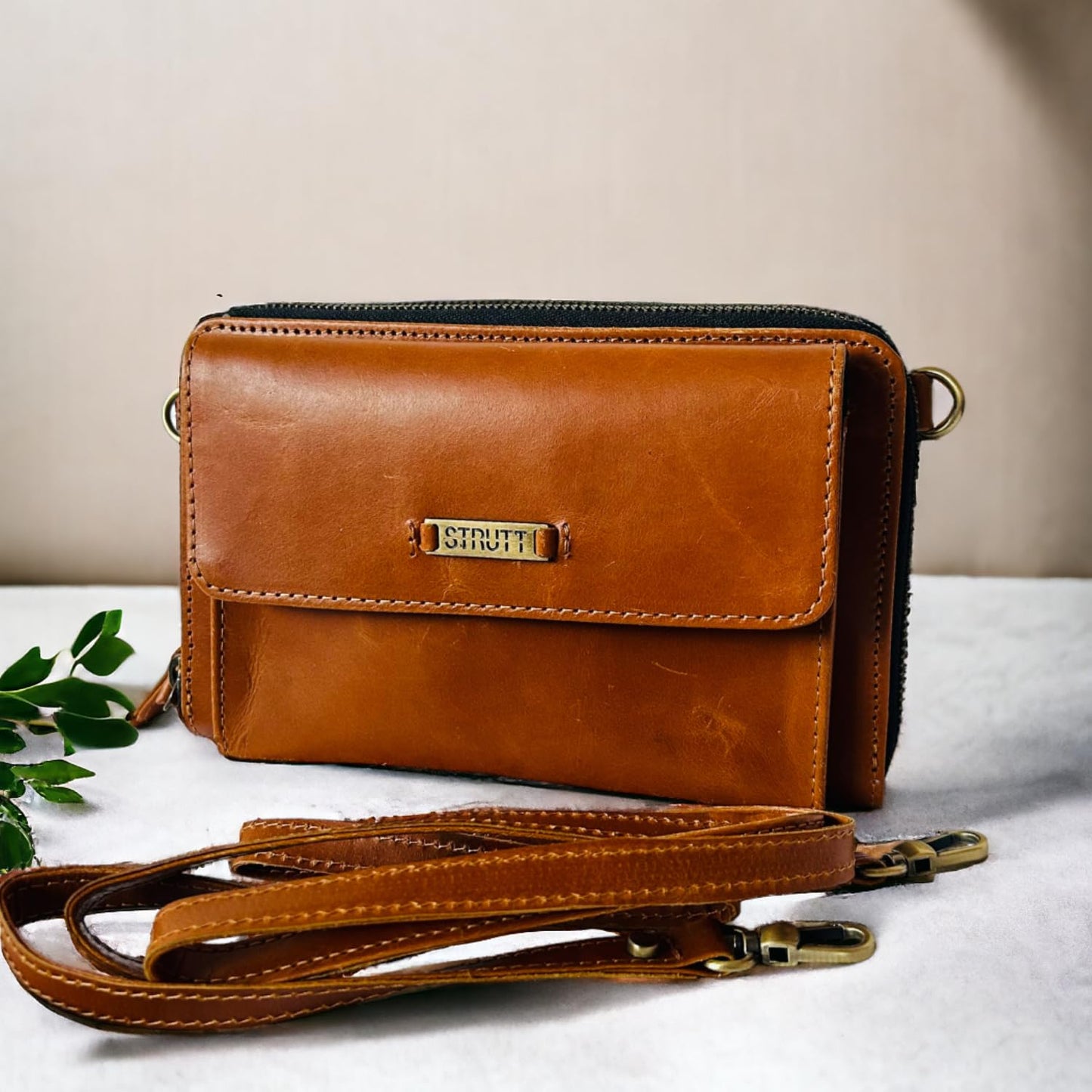 STRUTT VersaCarry 2-in-1 Leather Sling Bag, Women's Mini Wallet, Stylish & Versatile Bag for Teenage Girls, Genuine Leather Cash Wallet with Card Slots, Storage Slots & Detachable Strap - Brown
