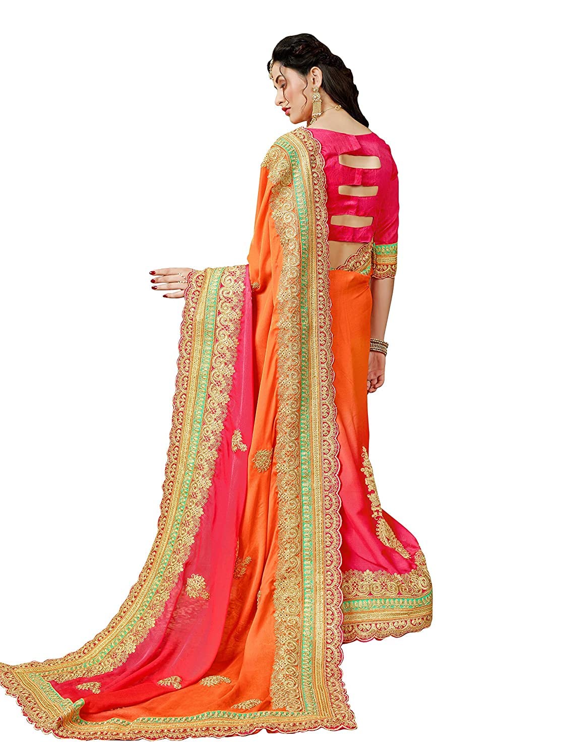 MANOHARI Women Shaded Orange Heavy Embroidery Chiffon Saree With Blouse Piece_Mn360-2
