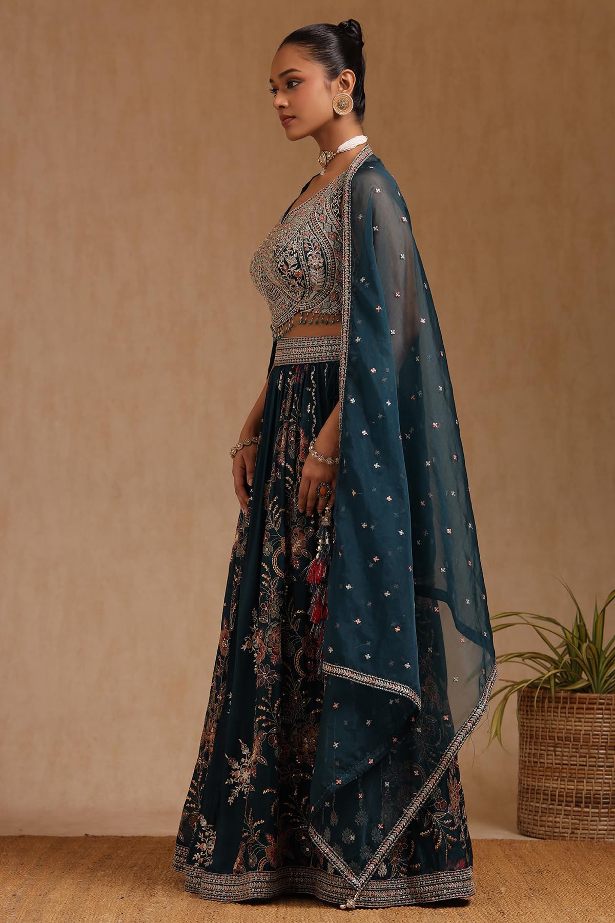 Soch Womens Teal Green Chinon Embroidered Ghagra Choli With Stone Work