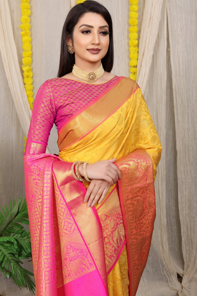 AMIRAT Women Kanchipuram Silk Woven Zari Saree | Kanjeevaram Silk Sari With Contrast Border And Blouse (Yellow)