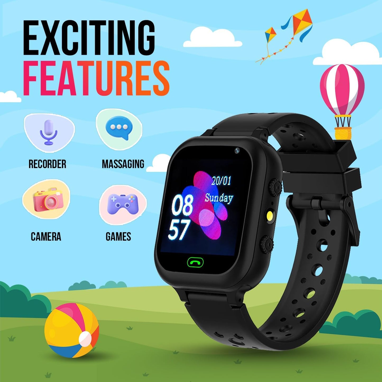 GameSir Q15 Kids Smart Watch 1.44" TFT Display 3G / 4G SIM Support, Learning & Gaming Apps, Gifting Watch, Water Rasistance, GPS Tracking, Smartwatch for Boys & Girls (Black)