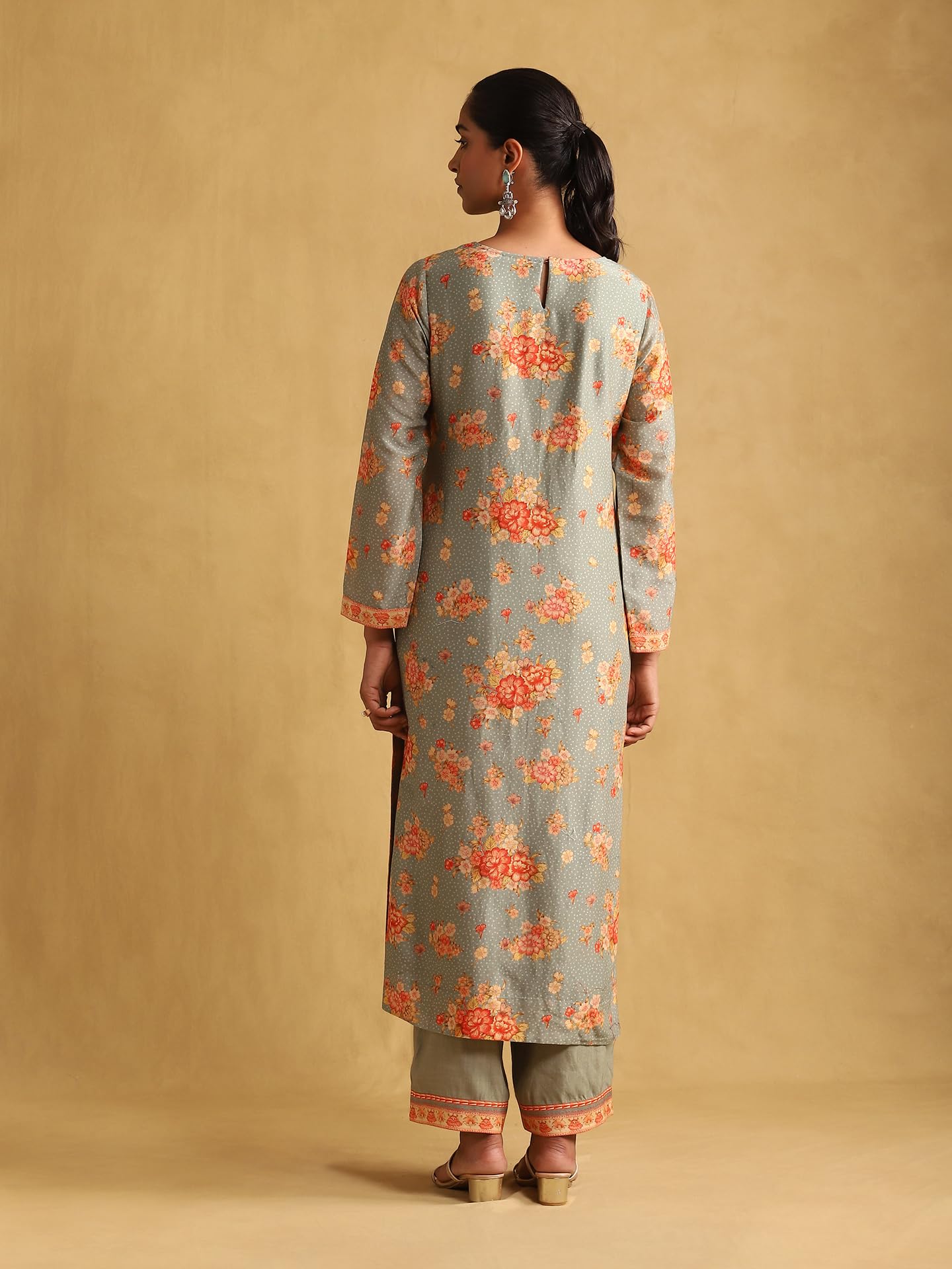 Ritu Kumar Green Floral Print Chanderi Kurta With Palazzo And Dupatta