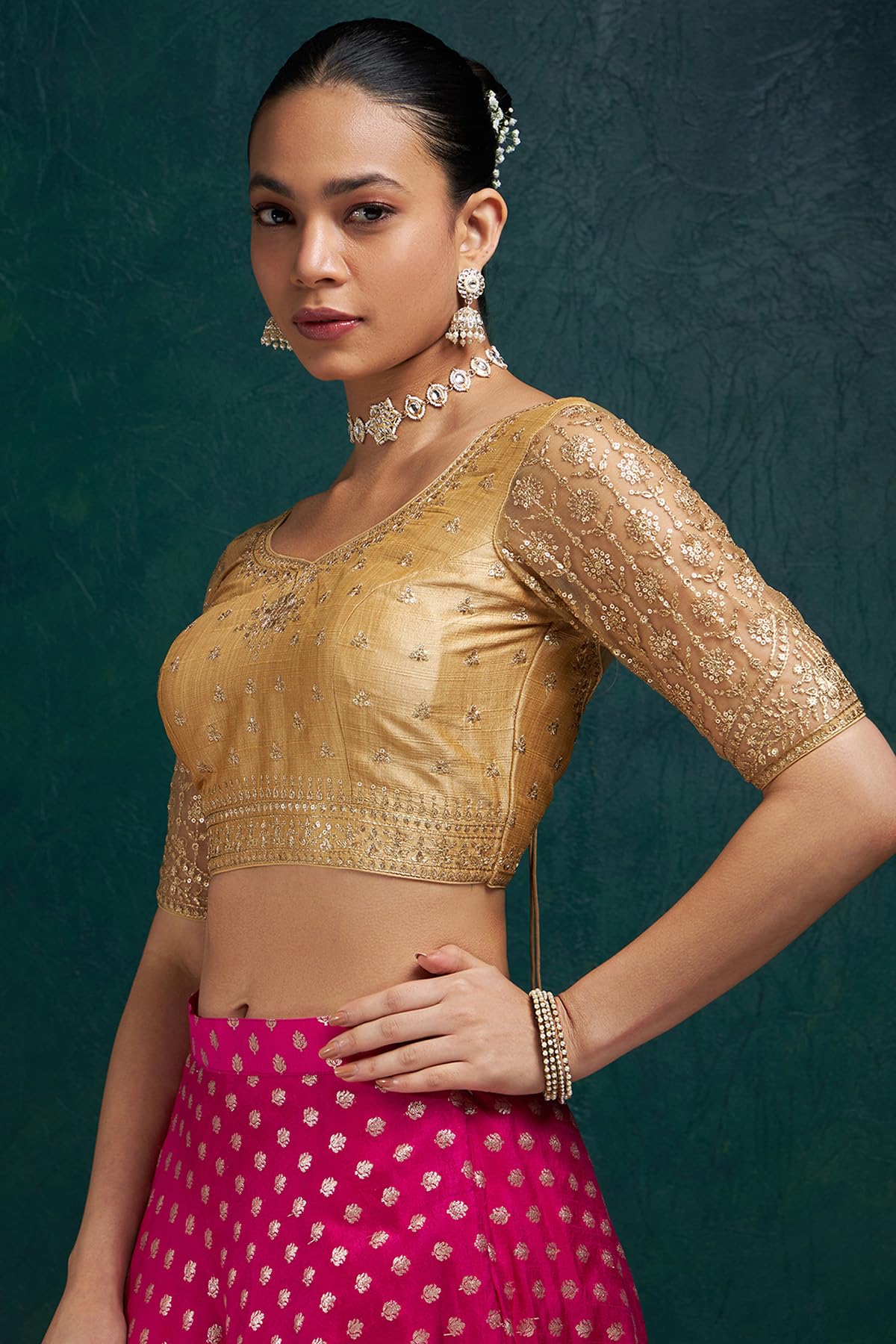 Soch Womens Gold Zari Embroidery Silk Blend Padded Blouse with Sequins