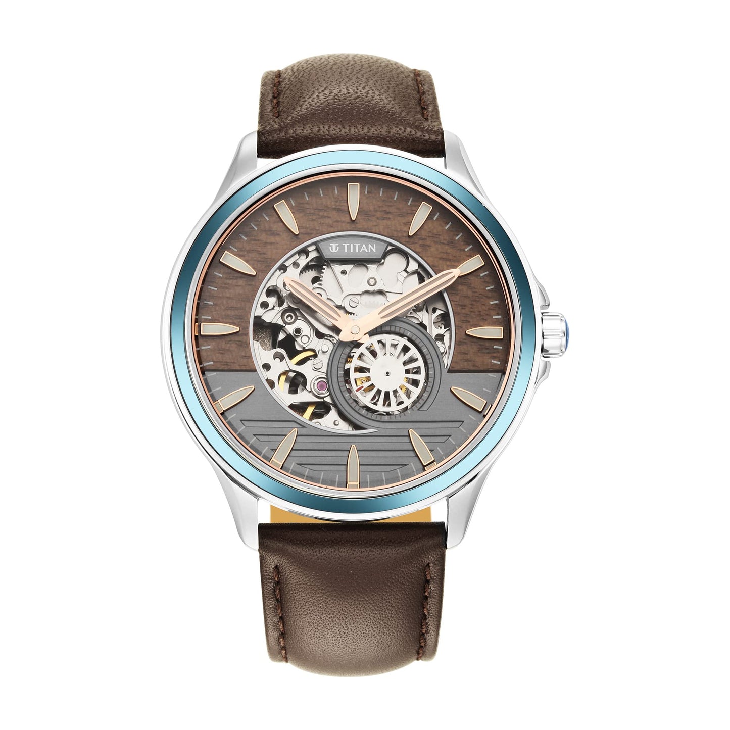 Titan Maritime Automatic Anthracite and Brown Bi-Colour Dial Brown Leather Strap Watch for Men - NT1793KL02