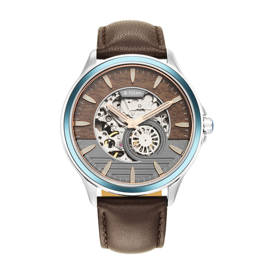 Titan Maritime Automatic Anthracite and Brown Bi-Colour Dial Brown Leather Strap Watch for Men - NT1793KL02