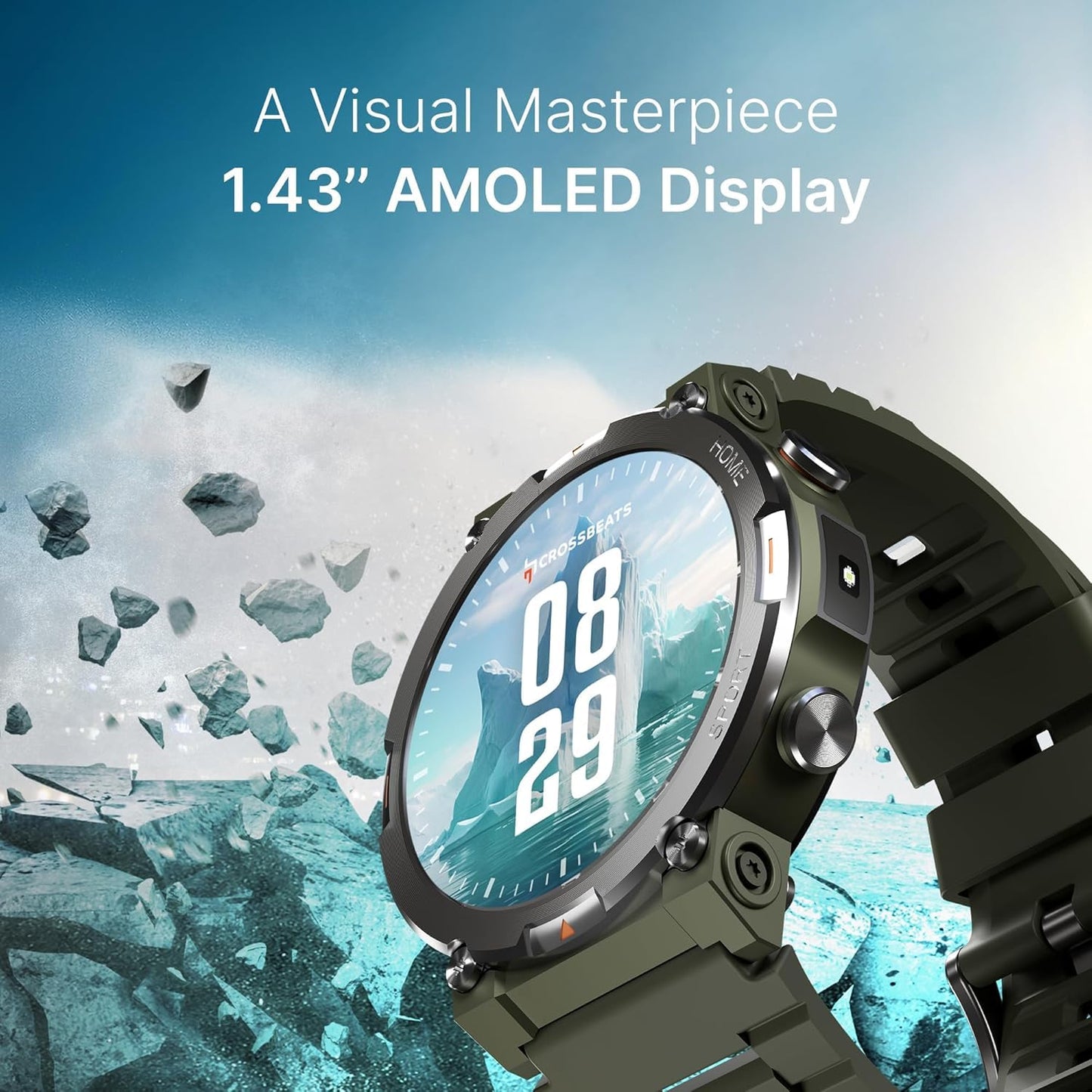 CrossBeats Everest 2.0 Smart Watch for Men 1.43" True AMOLED, Always ON Display Bluetooth Calling Rugged Outdoor Military Grade Certified Upto 15 Days Battery Life Smartwatch 100+ Sports Mode (Green)