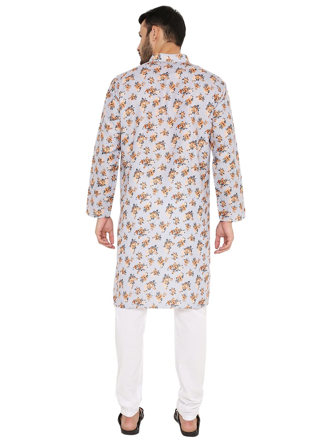 LUCKWIN Linen Regular Fit, Mandarin Collar, Floral Print Kurta Pajama Set in Light Grey for Men [LWKP169-36-2023]