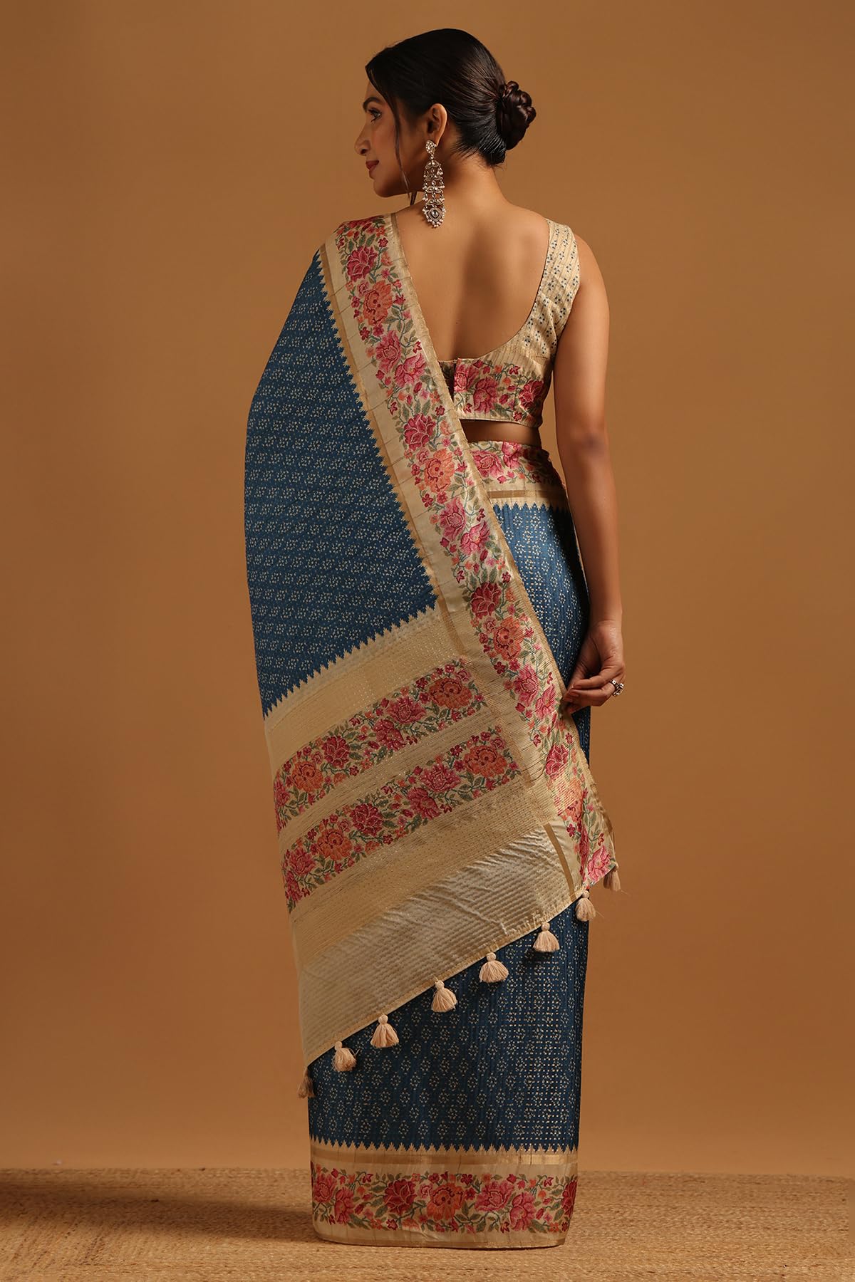 Soch Womens Blue Tussar Floral Saree With Zari Woven