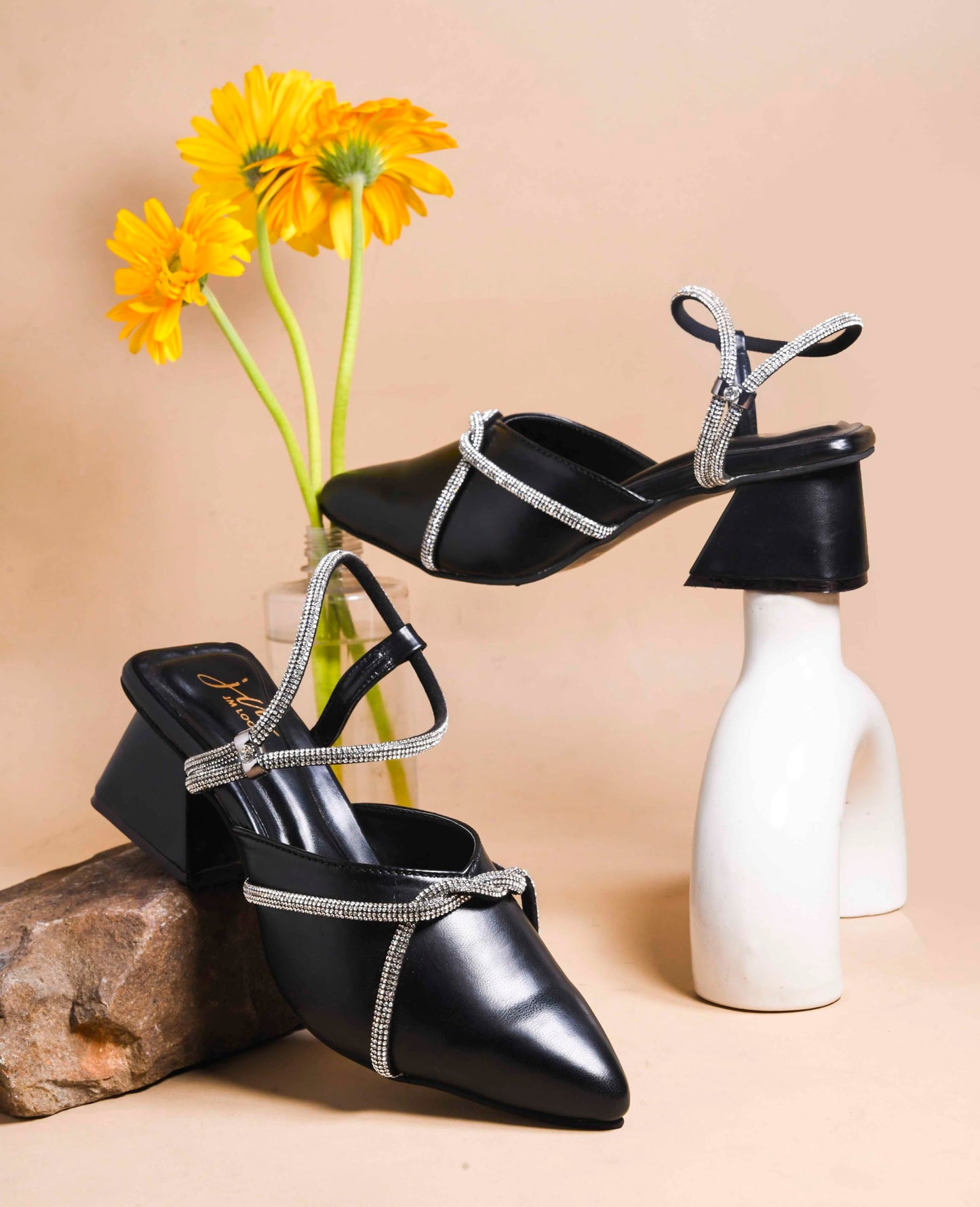 JM LOOKS Women's Block Heeled Sandal Low Heel Pointed Toe with Embellished Rhinestone Detail for Wedding Party Evening Prom - Black