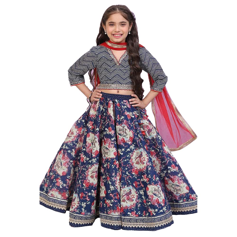 BIBA Girl's Viscose Readymade Printed Relaxed Lehenga Set (Kw4817_Navy Blue_15)