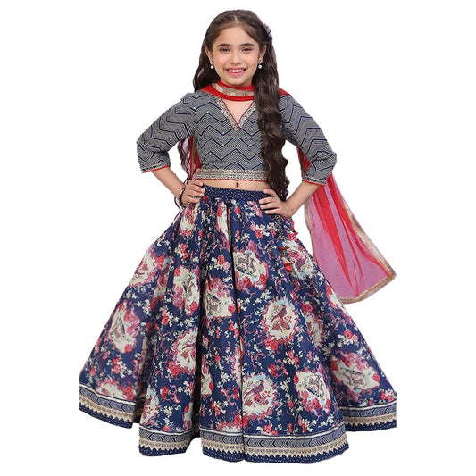 BIBA Girl's Viscose Readymade Printed Relaxed Lehenga Set (Kw4817_Navy Blue_15)