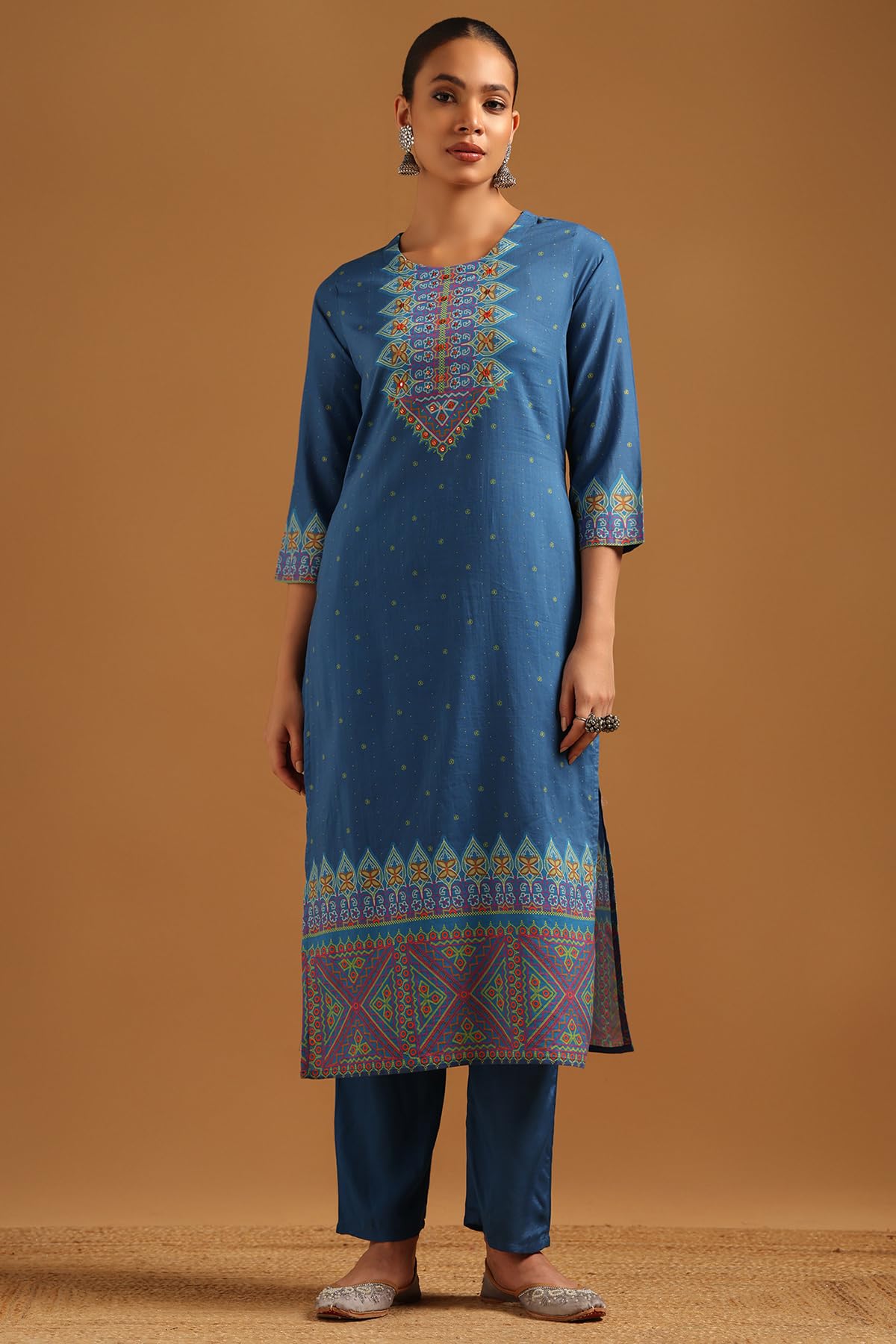 Soch Womens Blue Cambric Floral Salwar Suit With Faux Mirror