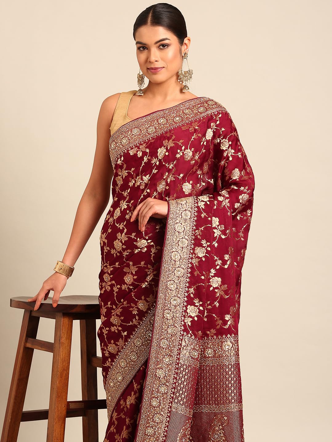 MOHEY Wine Satin Zari Weave |Stone Work Saree for Women