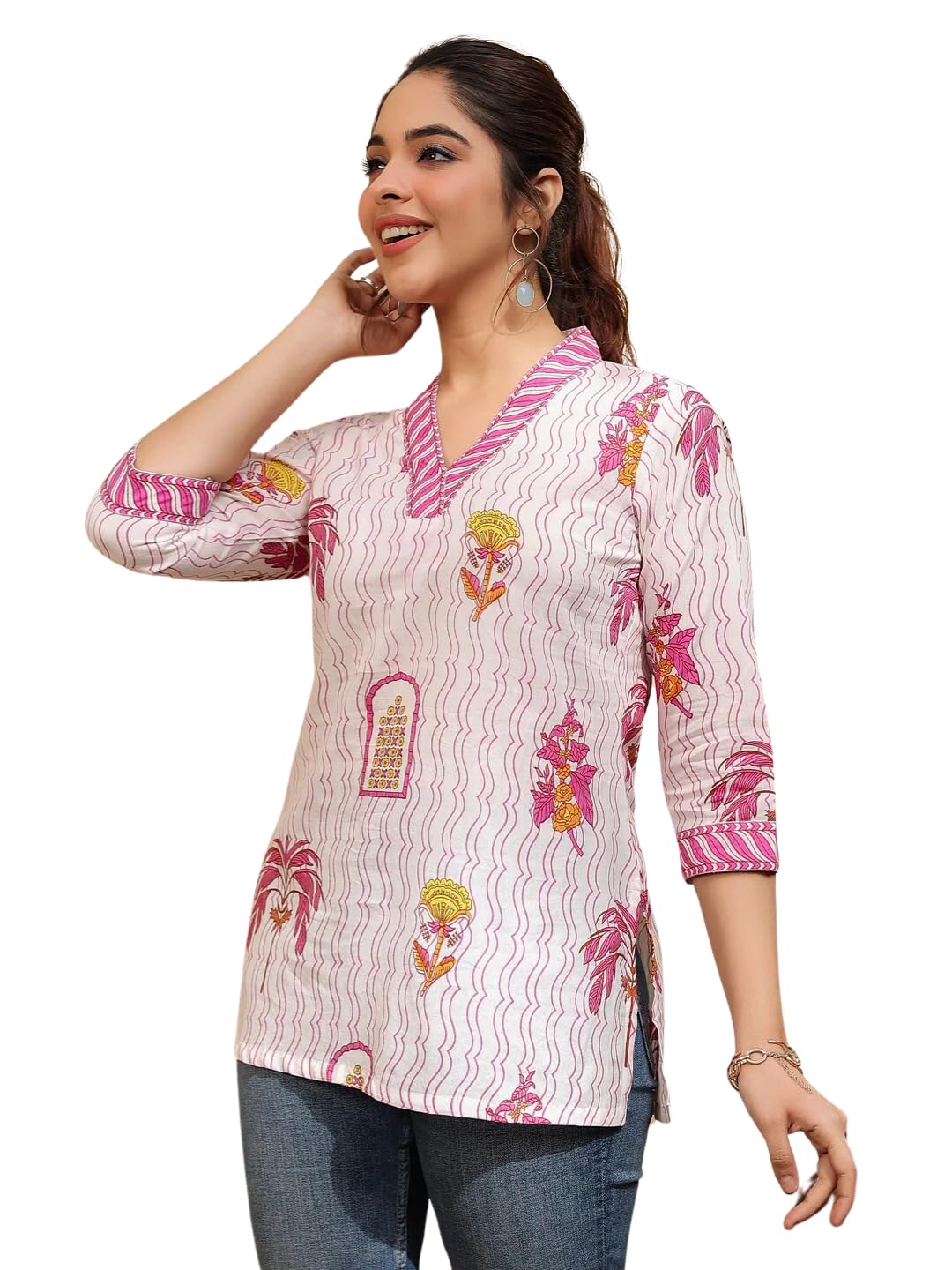 NAINVISH Women's Pink Floral Printed A-line V-Neck Top (SD671_T-XL_(3)