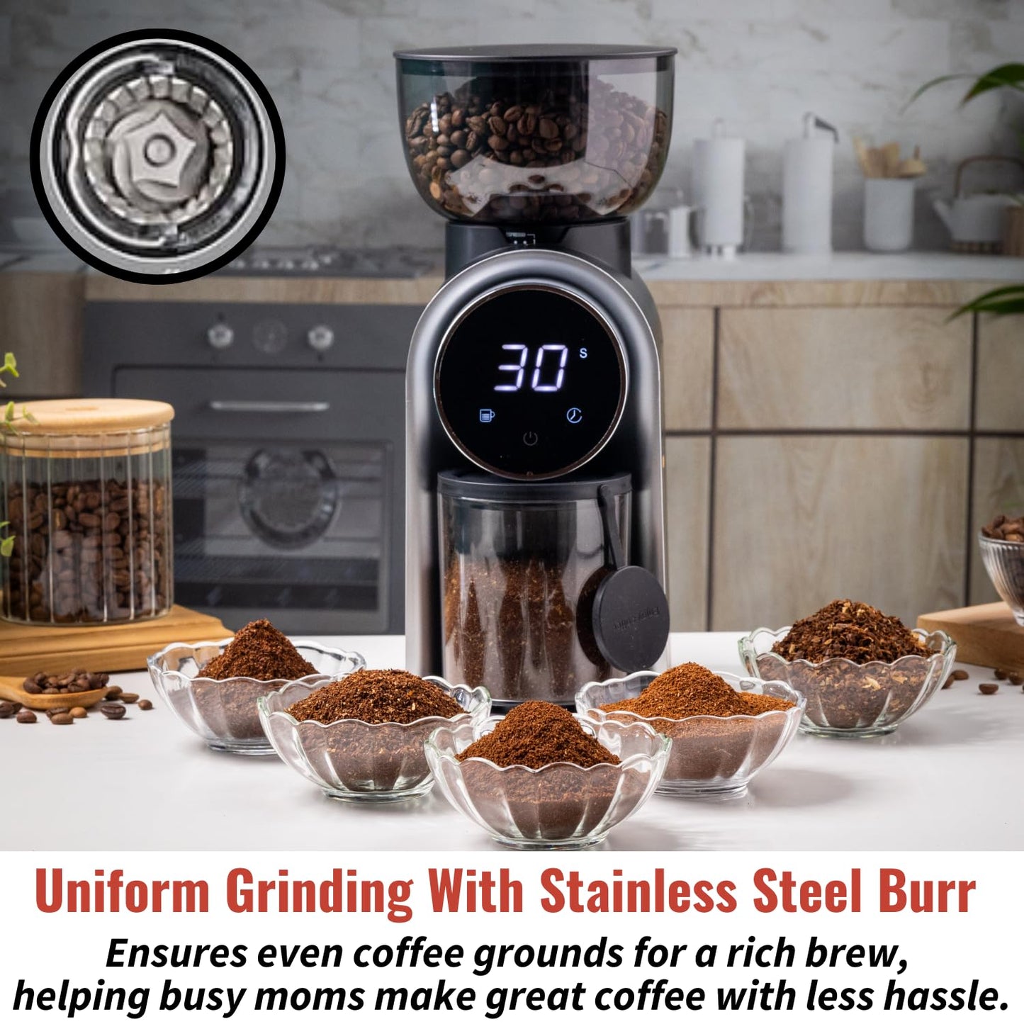 InstaCuppa Electric Coffee Grinder with LED Touch Timer & Cups Selector, Conical Stainless Steel Burr Mill with 25 Adjustable Grind Settings for Home Espresso, Moka Pot, French Press, Pour Over