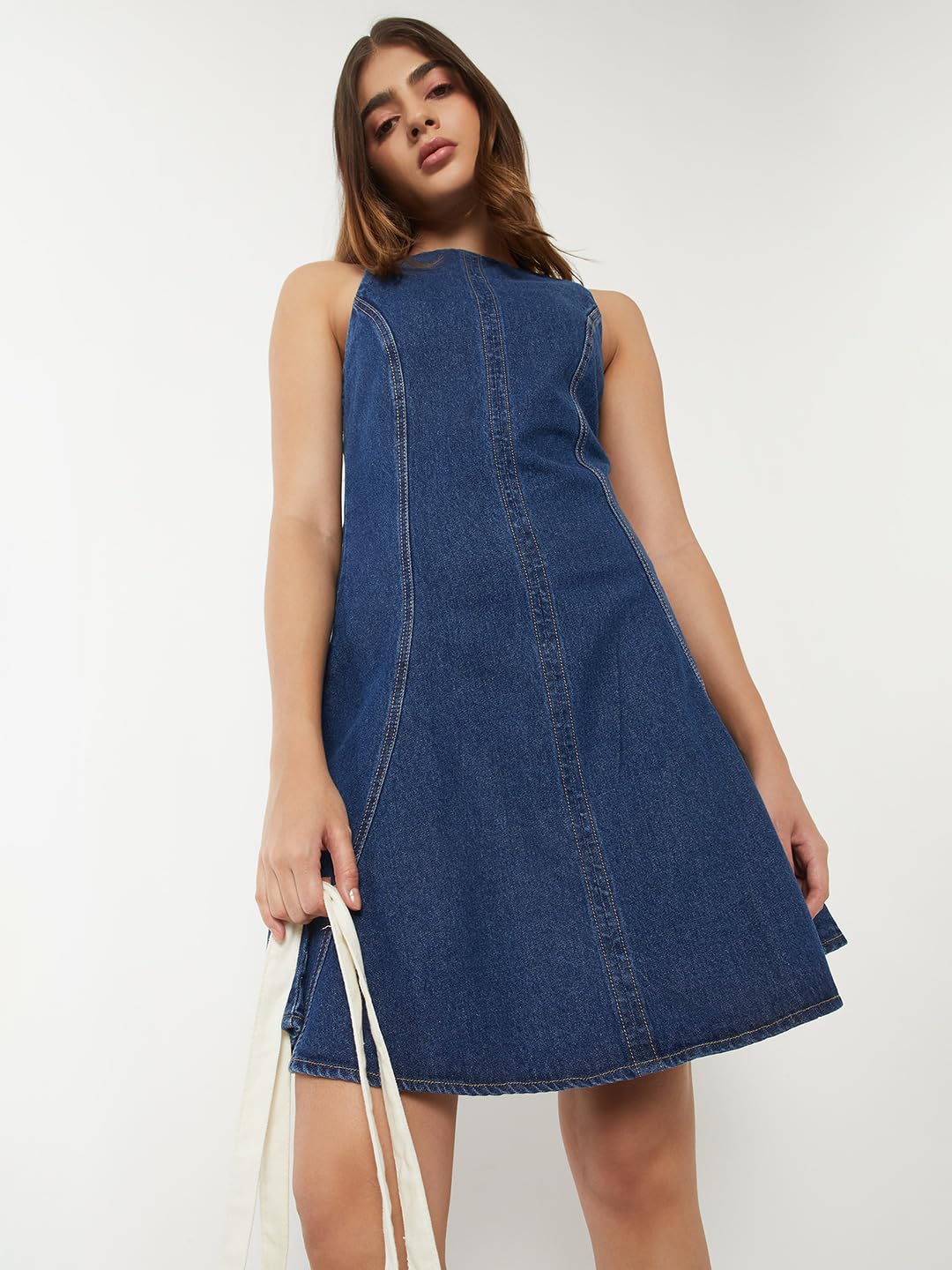 Max Women Solid A-line Dress(Blue_L)