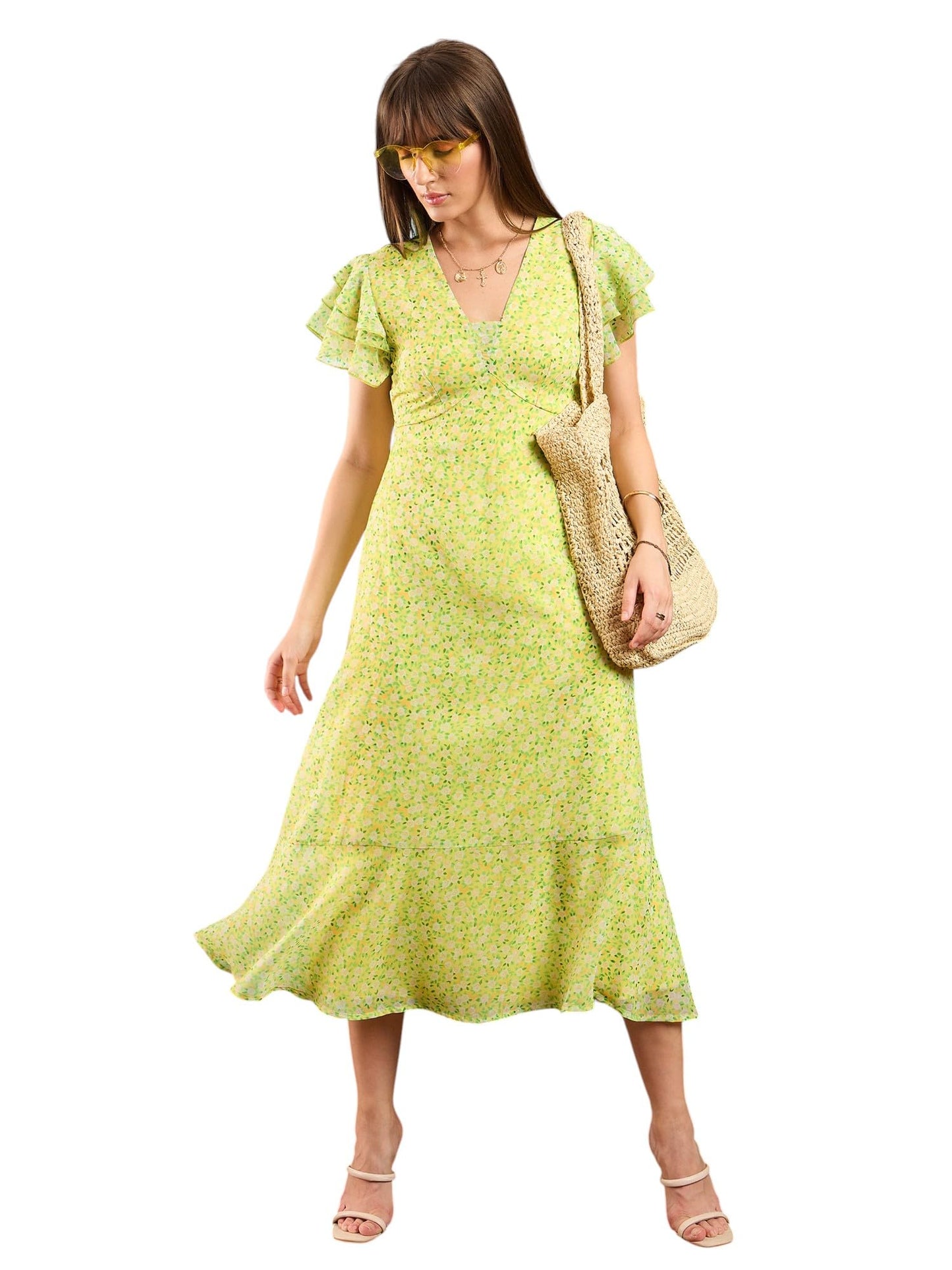 SASSAFRAS Women's Georgette Midi Dress Below The Knee SFDRSS12212 Yellow