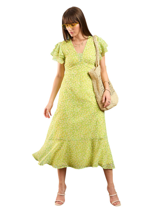 SASSAFRAS Women's Georgette Midi Dress Below The Knee SFDRSS12212 Yellow