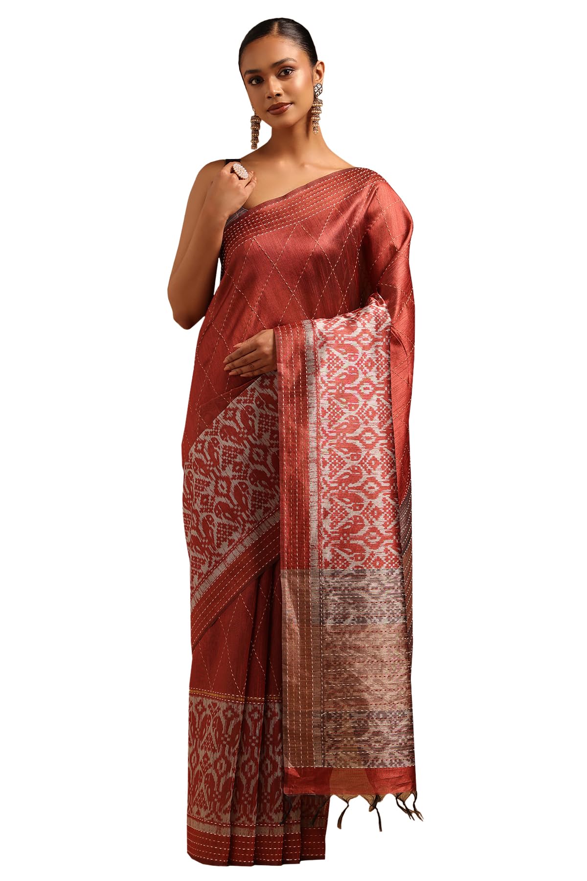 Soch Womens Rust Tussar Geometric Saree With Kantha Embroidery and Threadwork