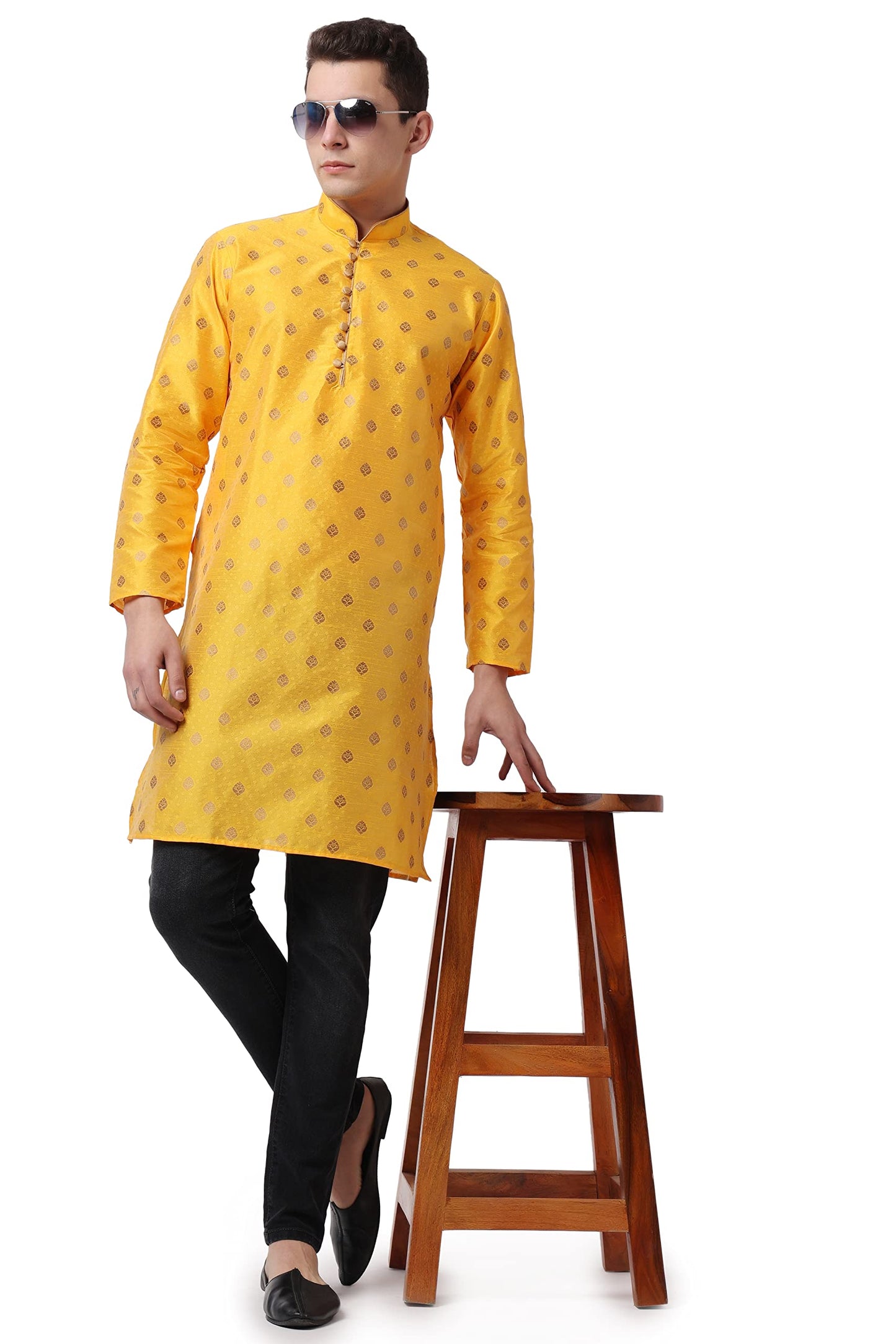 Royal Kurta Mens Cotton Silk Ethnic Loop Button Ganesh Print Kurta (42, Mustard)