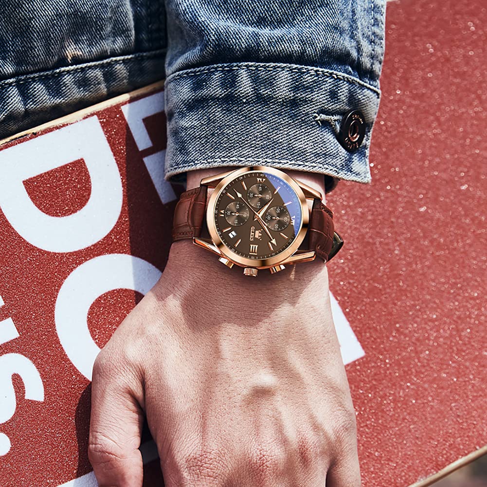 OLEVS Mens Leather Watches Casual Brown Face Leather Band Watches for Men Big Face Analog Chronograph Watch Men with Date Fashion Dress Waterproof Sport Business Men's Wrist Watch relojes para hombres