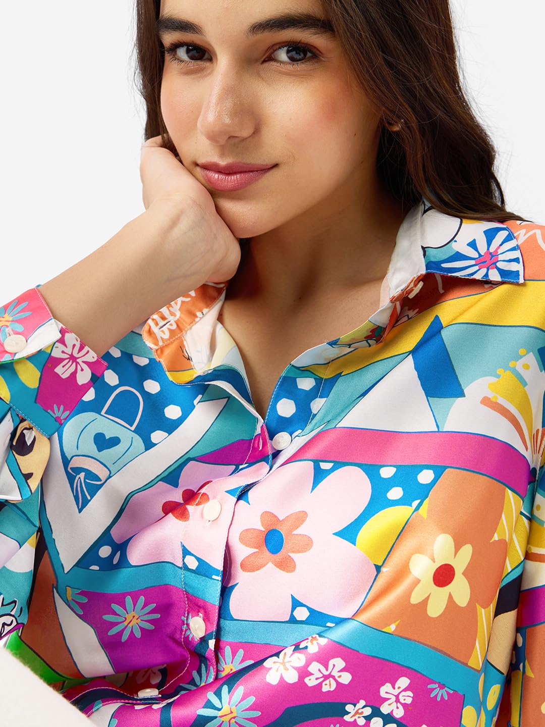 The Souled Store Official Satin Shirt: Disney Mulan Women and Girls Long Sleeve Collared Neck Button Down Multicolor All Over Printed Polyester Shirts