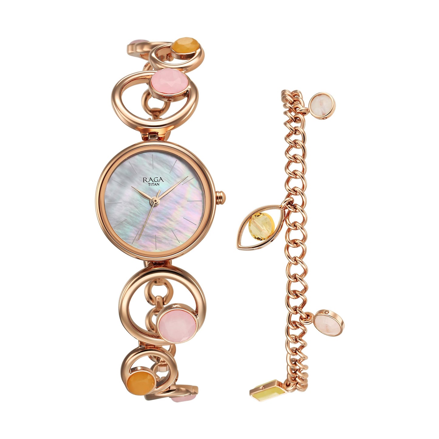 Titan Raga New You Quartz Analog Mother Of Pearl Citrine and Rose Quartz stones Strap for Women-95194WM01F/NT95194WM01F