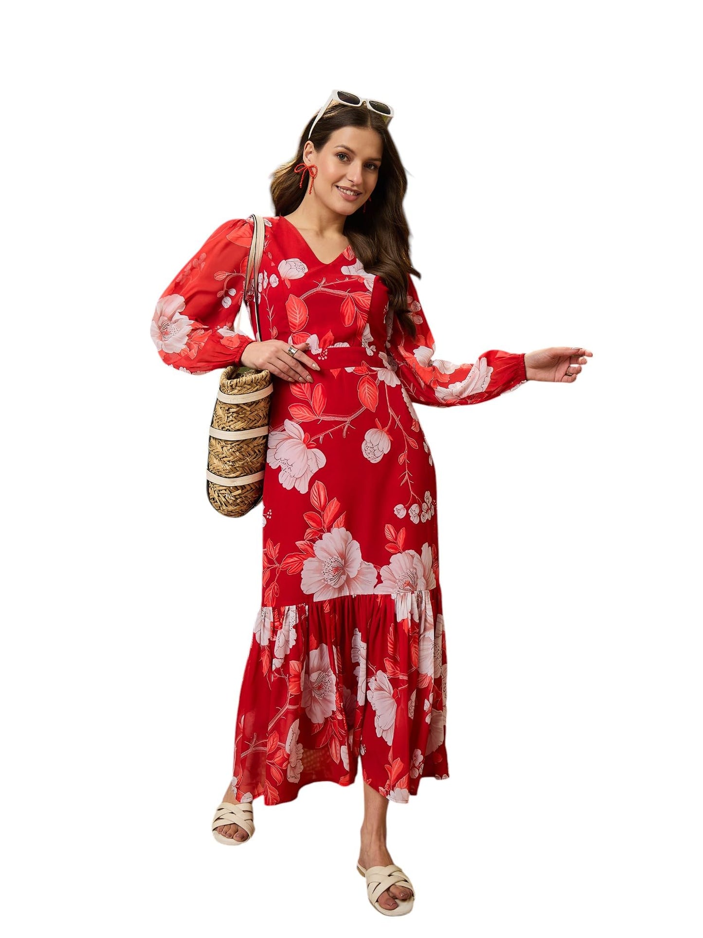 SASSAFRAS Red Floral Baloon Sleeve Midi Dress