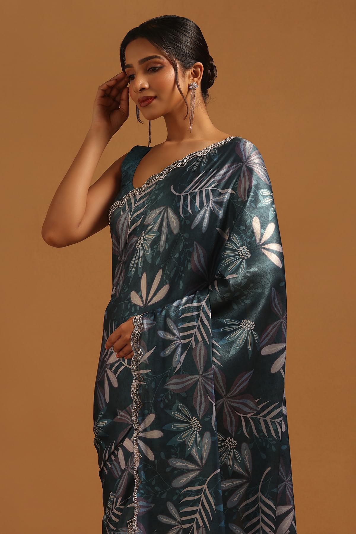 Soch Womens Blue Satin Botanical Saree With Stone Work
