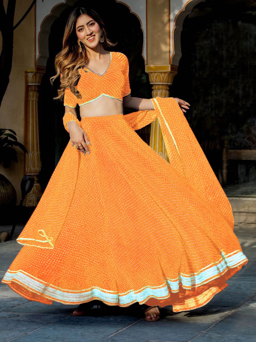 Zeel Clothing Womens Georgette Lehenga Choli Semi-Stitched Yellow Free Size