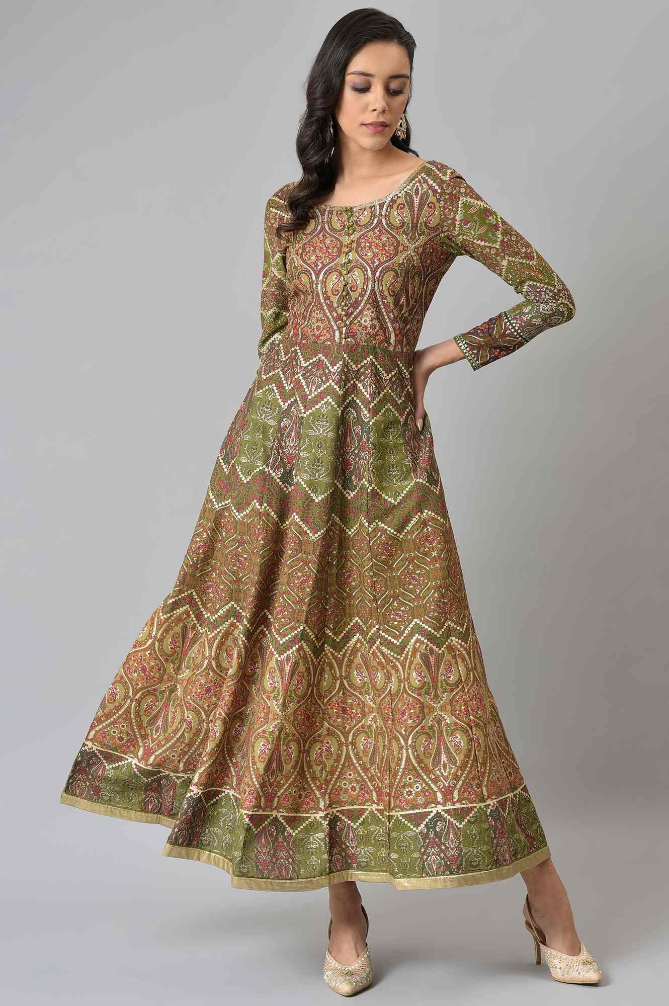 W for Woman Women's Viscose Olive Green Glitter Print Dress Ankle Length 22FEW12494-119009_Red